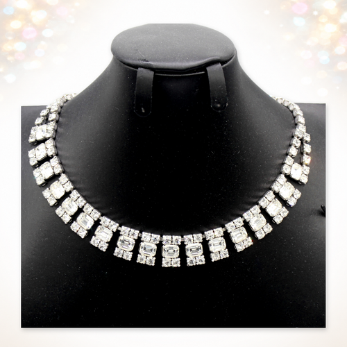 Vintage clear emerald-cut rhinestone fringe necklace on bust