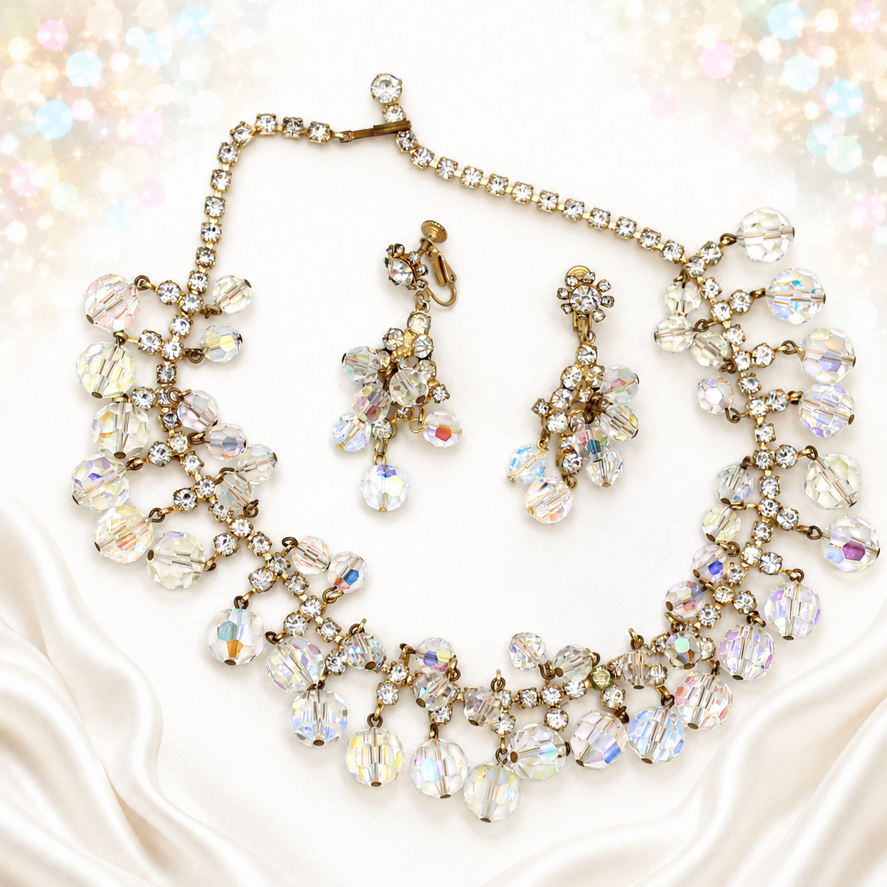 Vintage Juliana Clear AB Crystal Rhinestone Necklace Earrings Set IIJJ#9390