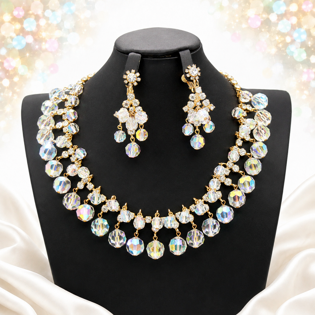 Vintage Juliana Clear AB Crystal Rhinestone Necklace Earrings Set IIJJ#9390