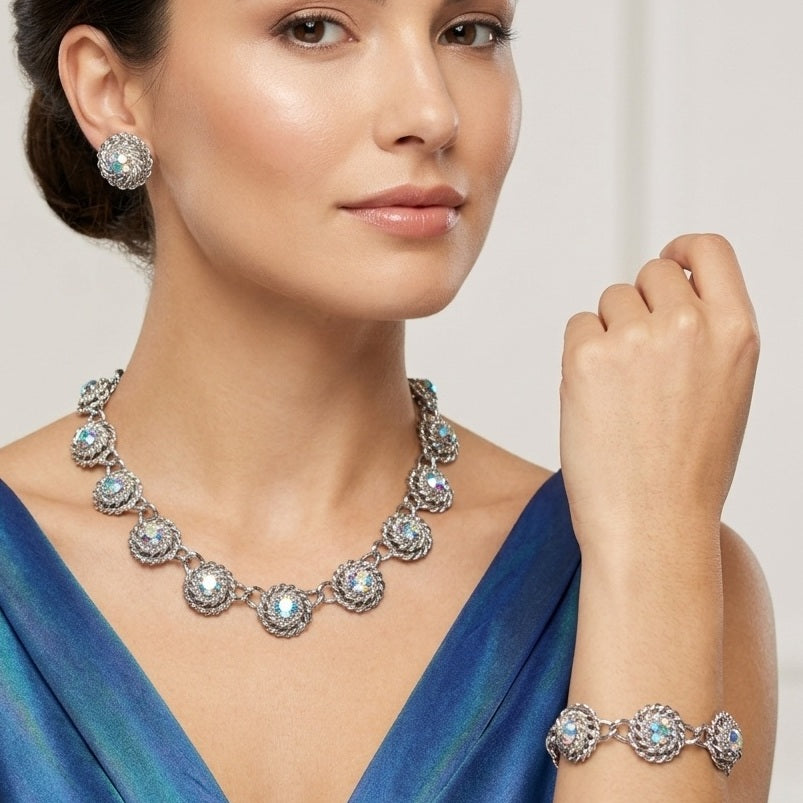 Vintage CORO Pegasus Blue AB Rhinestone Braided Necklace Bracelet Earrings Set