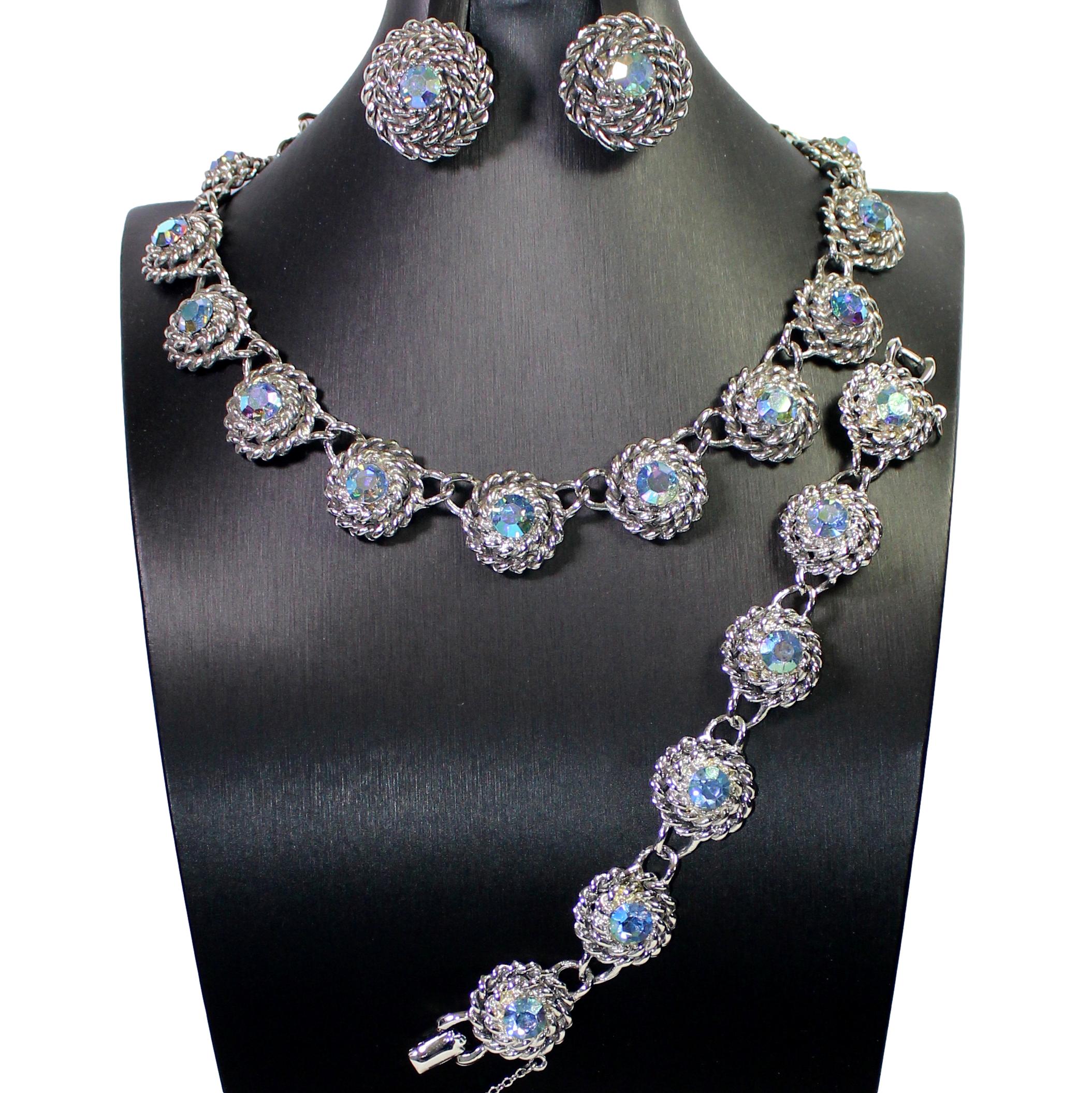 Vintage CORO Pegasus Blue AB Rhinestone Braided Necklace Bracelet Earrings Set