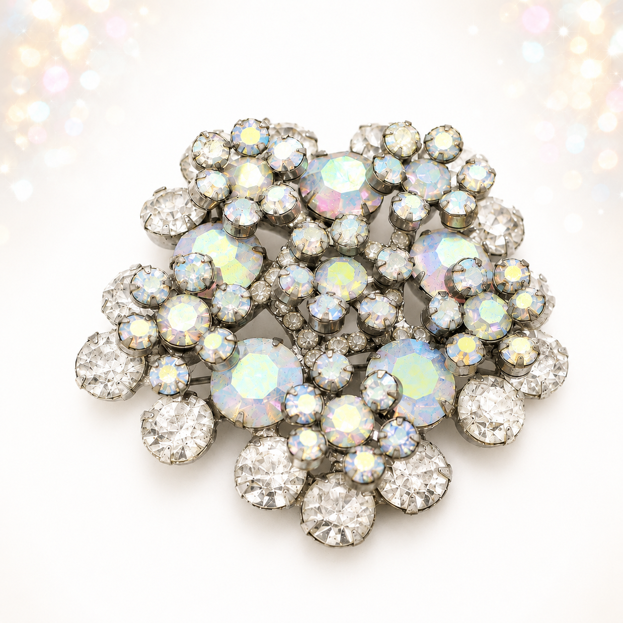 Vintage JULIANA Clear & Aurora Borealis Snowflake Rhinestone Brooch IIJJ#9330