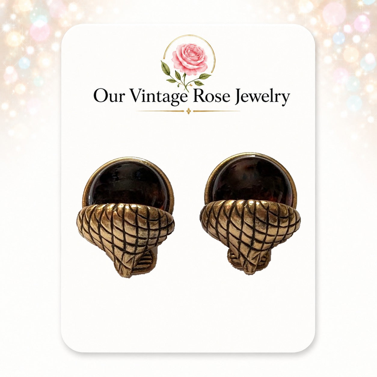 Vintage Juliana GJD Acorn Figural Clip Earrings Brown Cabochon IIJJ#7812