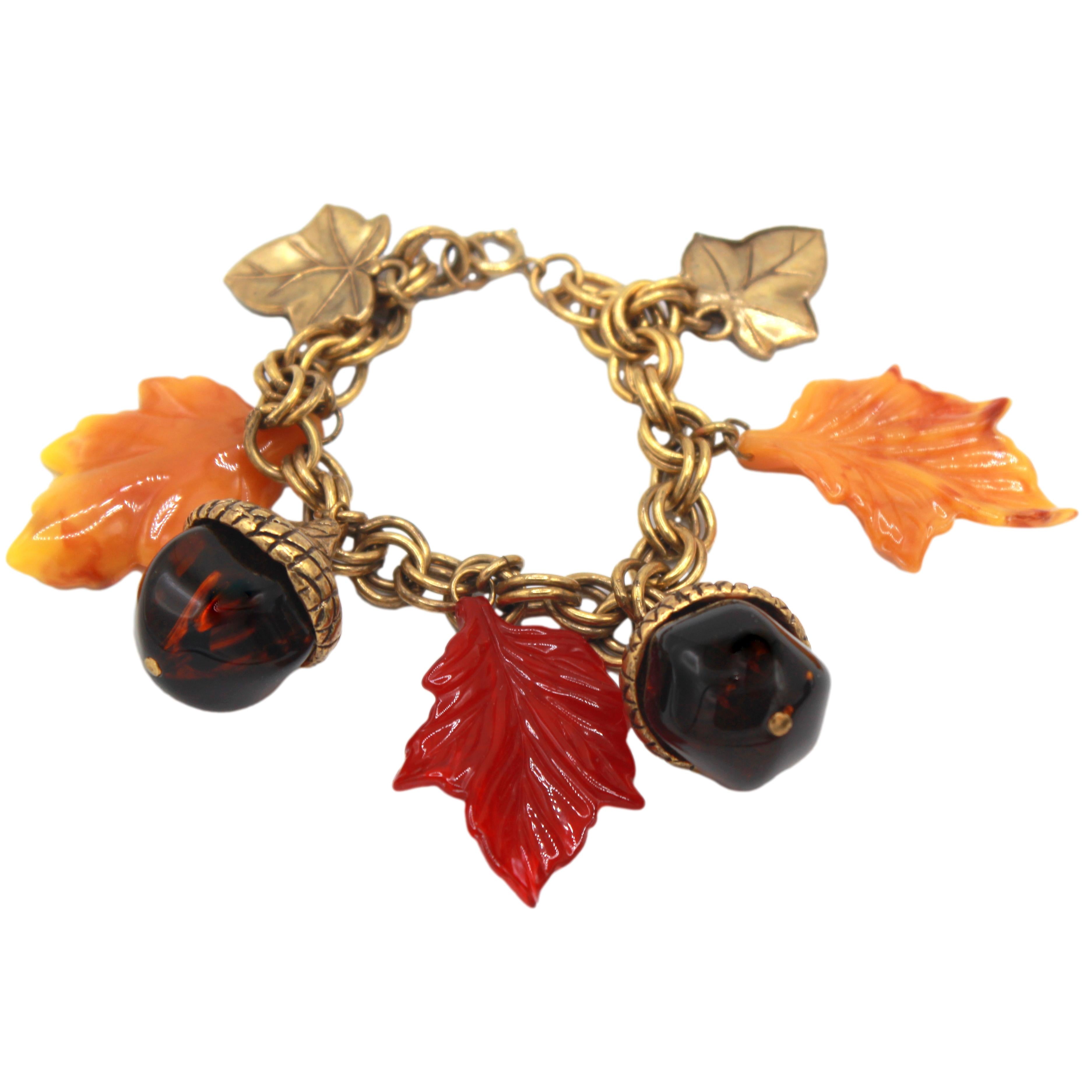 Vintage JULIANA Fall Lucite Acorn Leaf Charm Bracelet IIJJ#9109