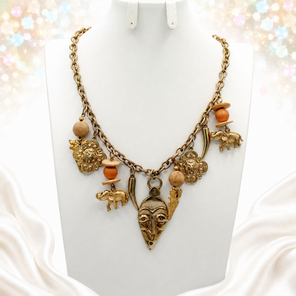 Vintage Juliana Safari Tribal Mask Wood Bead Charm Figural Necklace IIJJ#9070