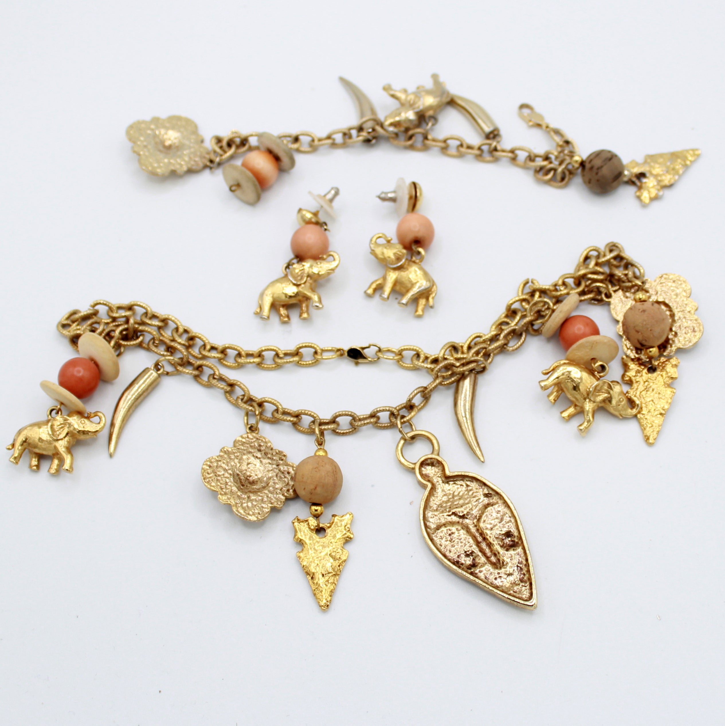 Vintage Juliana Tribal Mask Elephant Lion Figural Charm Necklace Bracelet Earrings IIJJ#9070