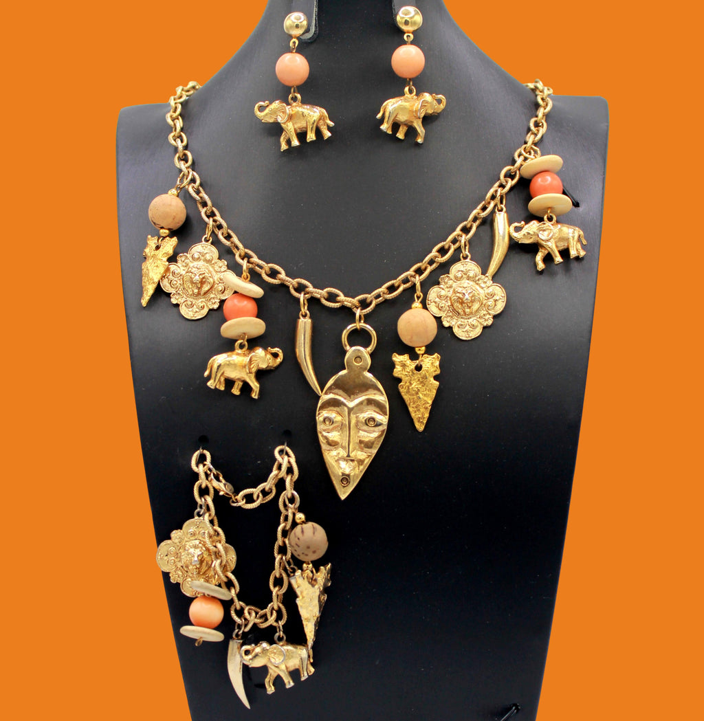 Vintage Juliana Tribal Mask Elephant Lion Figural Charm Necklace Bracelet Earrings IIJJ#9070