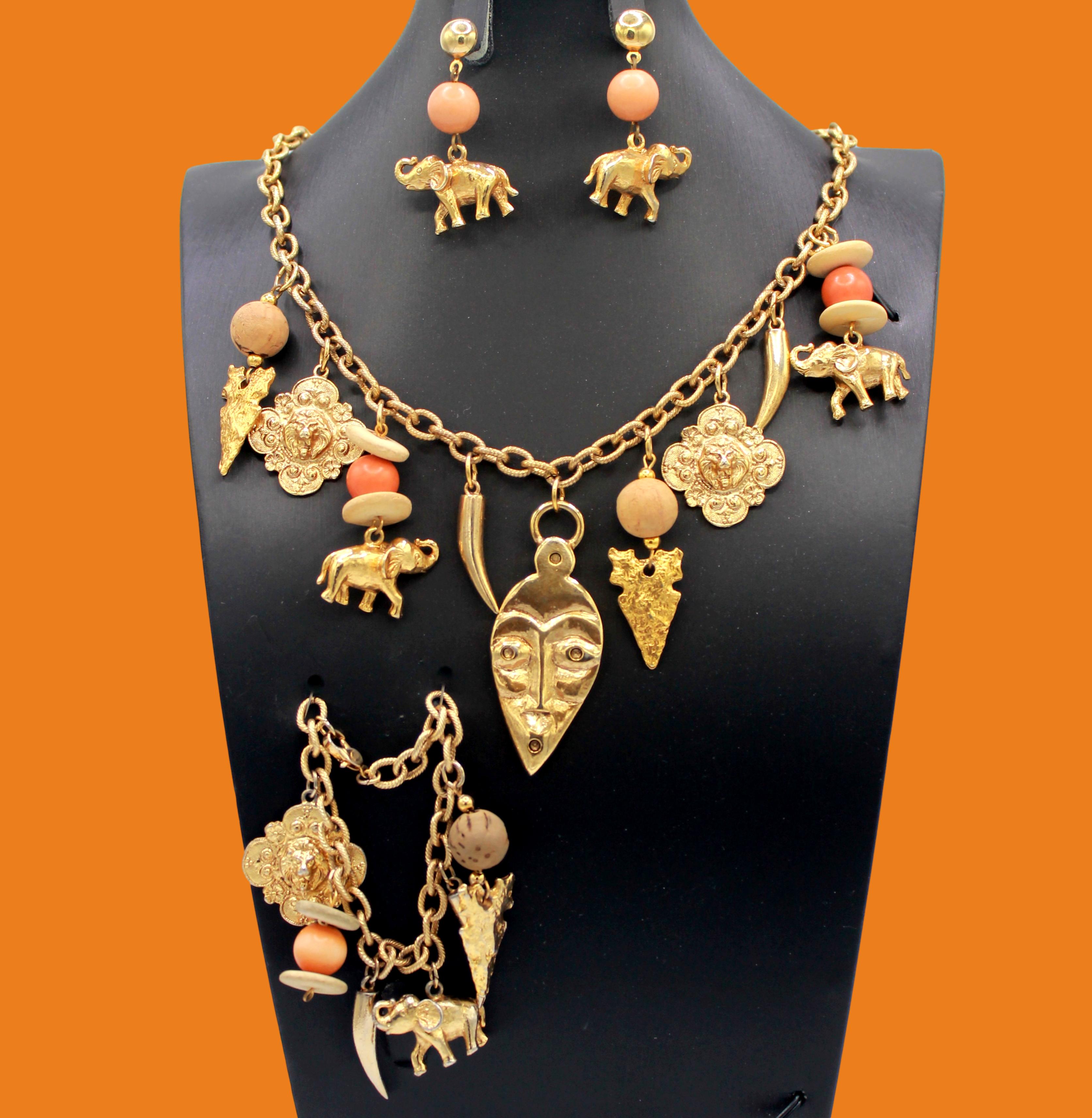 Vintage Juliana Tribal Mask Elephant Lion Figural Charm Necklace Bracelet Earrings IIJJ#9070