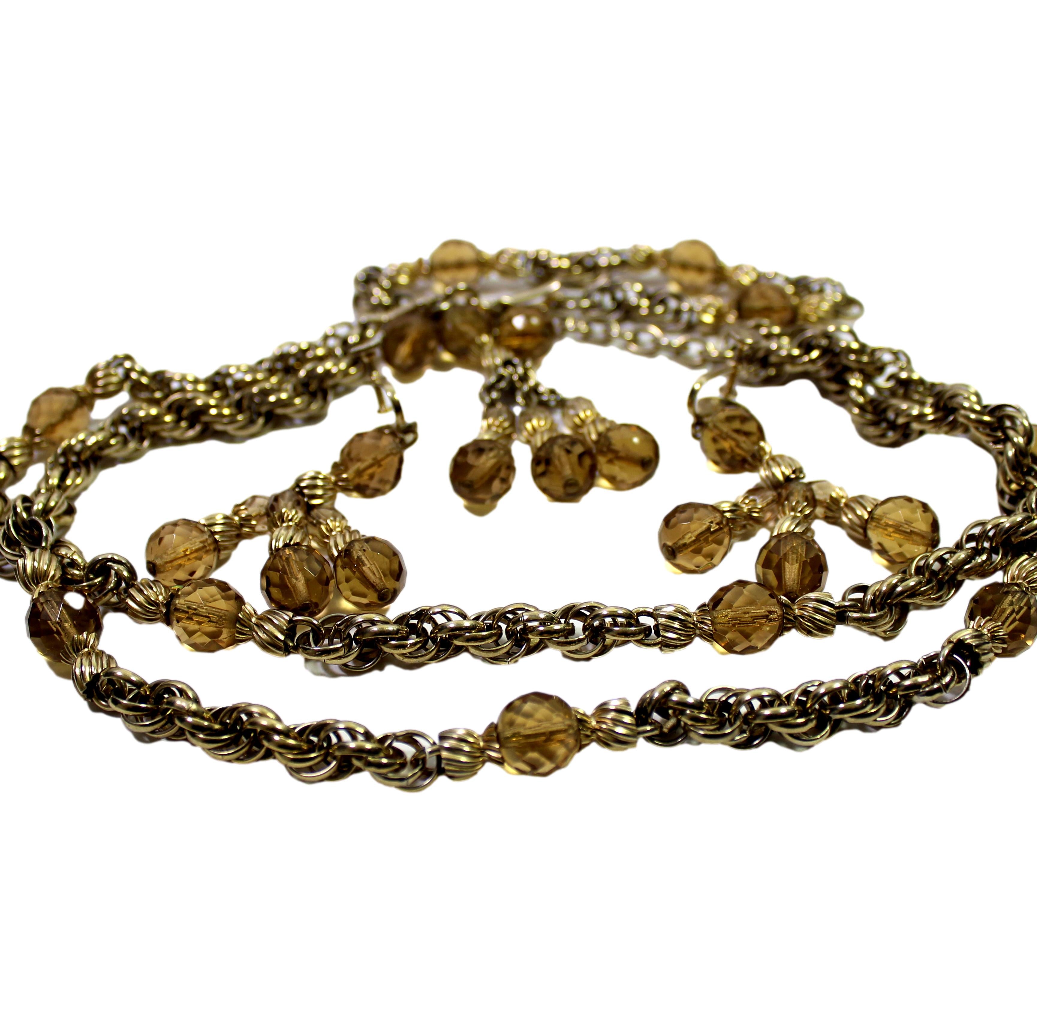Vintage EISENBERG Amber Crystal Bead Chain Necklace Bracelet Dangle Earrings Set
