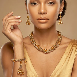 Vintage EISENBERG Amber Crystal Bead Chain Necklace Bracelet Dangle Earrings Set