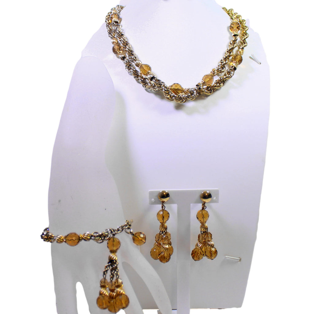 Vintage EISENBERG Amber Crystal Bead Chain Necklace Bracelet Dangle Earrings Set