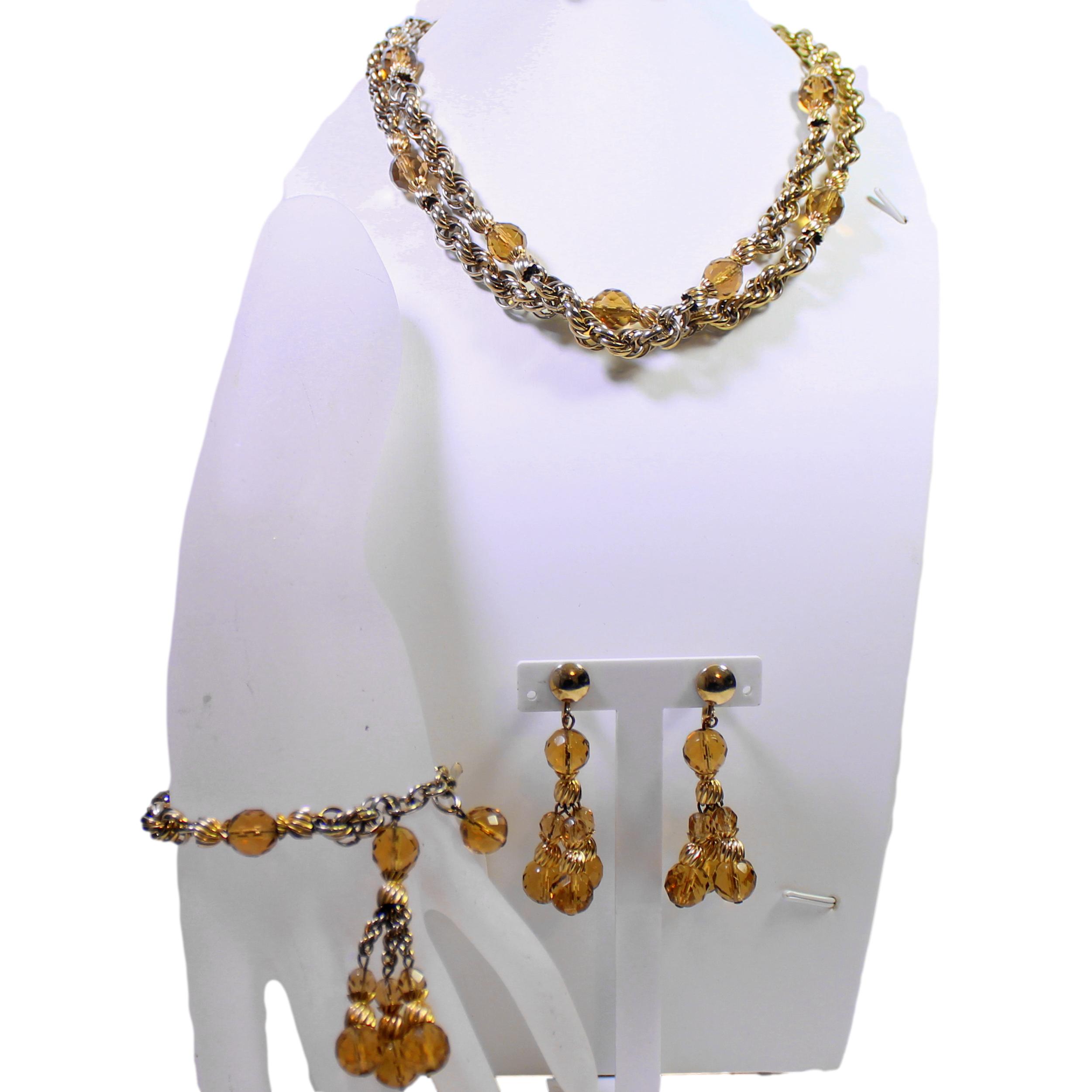 Vintage EISENBERG Amber Crystal Bead Chain Necklace Bracelet Dangle Earrings Set