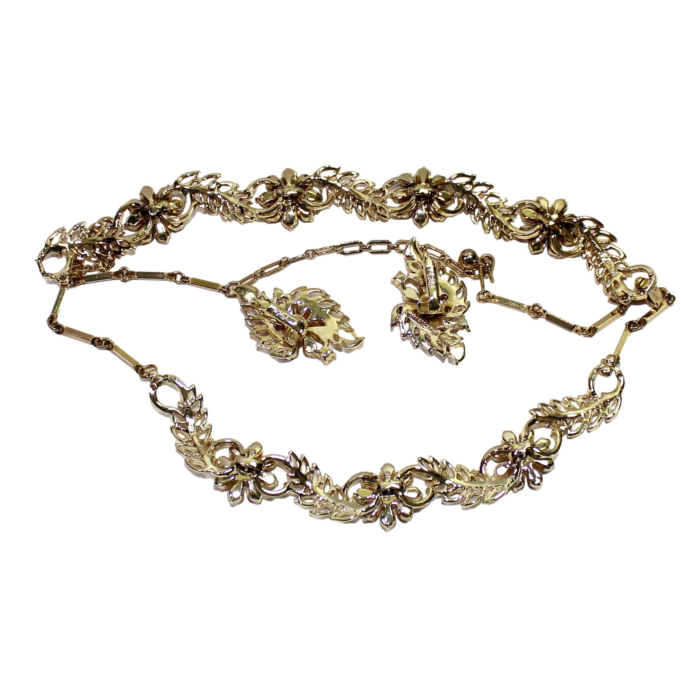 Vintage CORO Amber Yellow Flower Rhinestone Leaf Necklace Bracelet Earrings Set