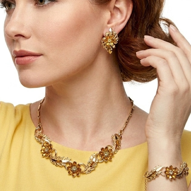 Vintage CORO Amber Yellow Flower Rhinestone Leaf Necklace Bracelet Earrings Set