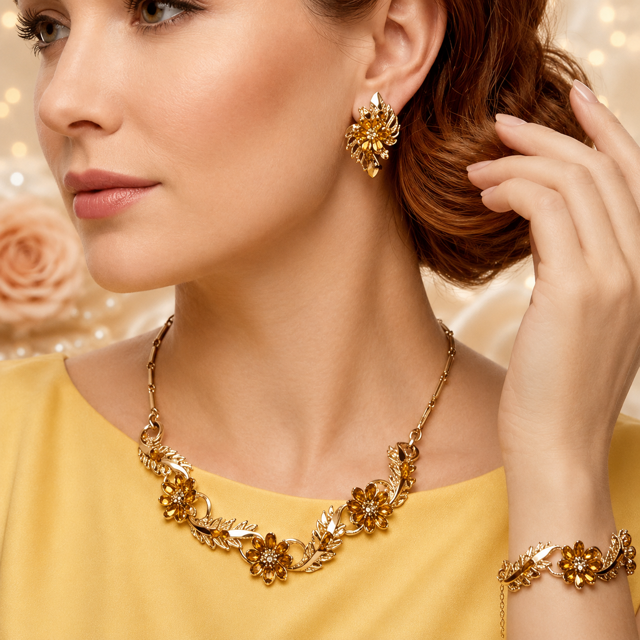 Vintage Coro Amber Yellow Flower Rhinestone Leaf Necklace Bracelet Earrings Parure