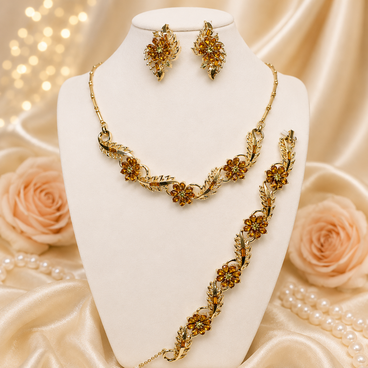 Vintage Coro Amber Yellow Flower Rhinestone Leaf Necklace Bracelet Earrings Parure