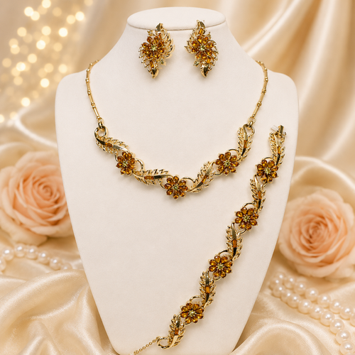 Vintage Coro Amber Yellow Flower Rhinestone Leaf Necklace Bracelet Earrings Parure