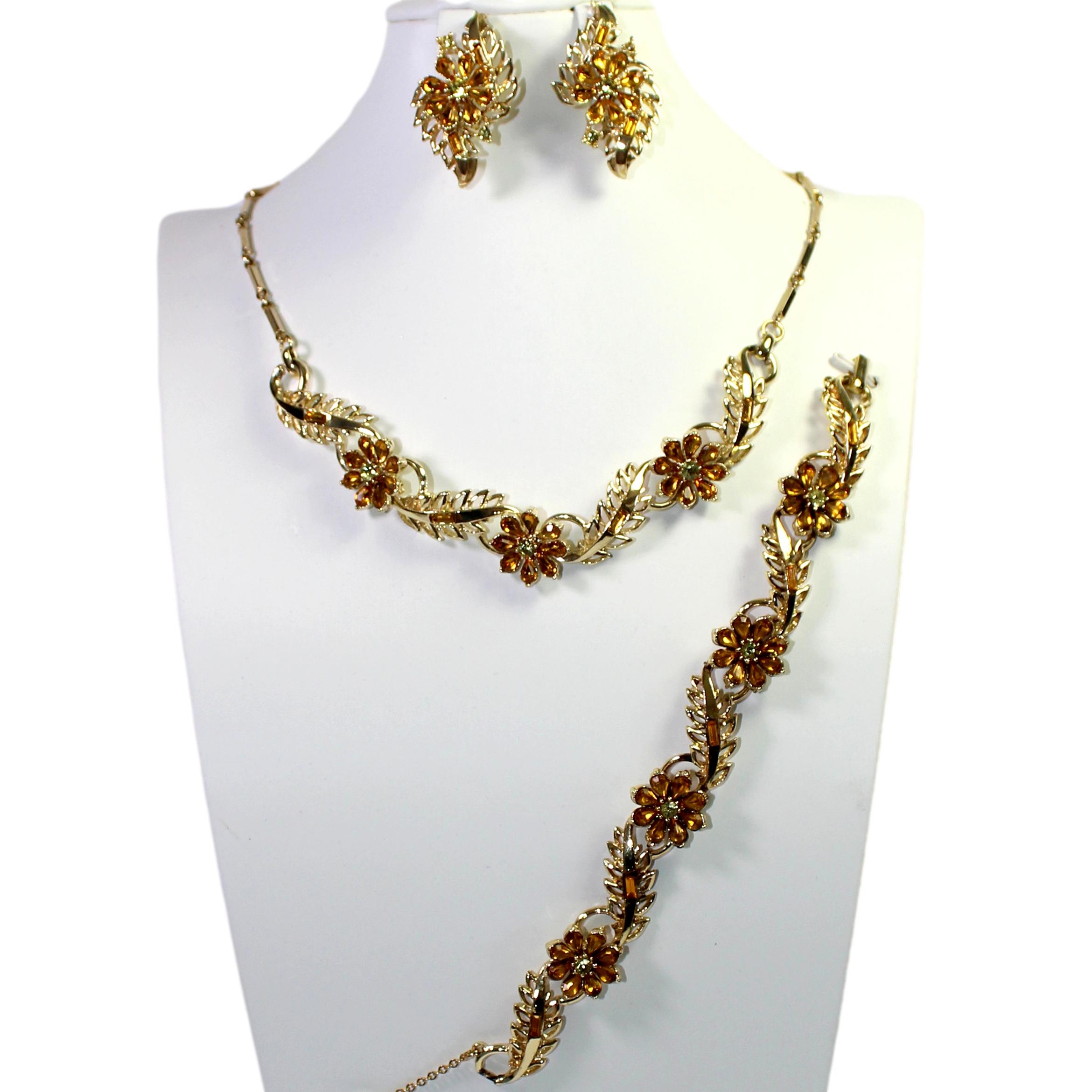Vintage CORO Amber Yellow Flower Rhinestone Leaf Necklace Bracelet Earrings Set