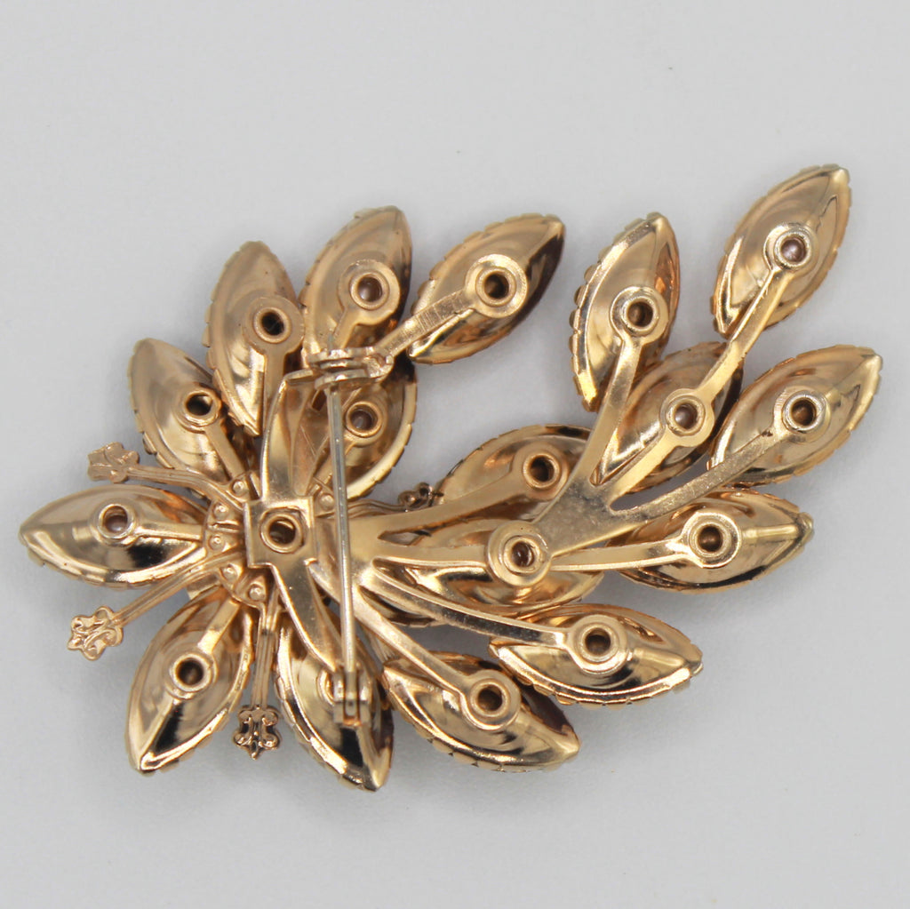 Vintage Amethyst Rhinestone Faux Pearl Navette Flower Brooch