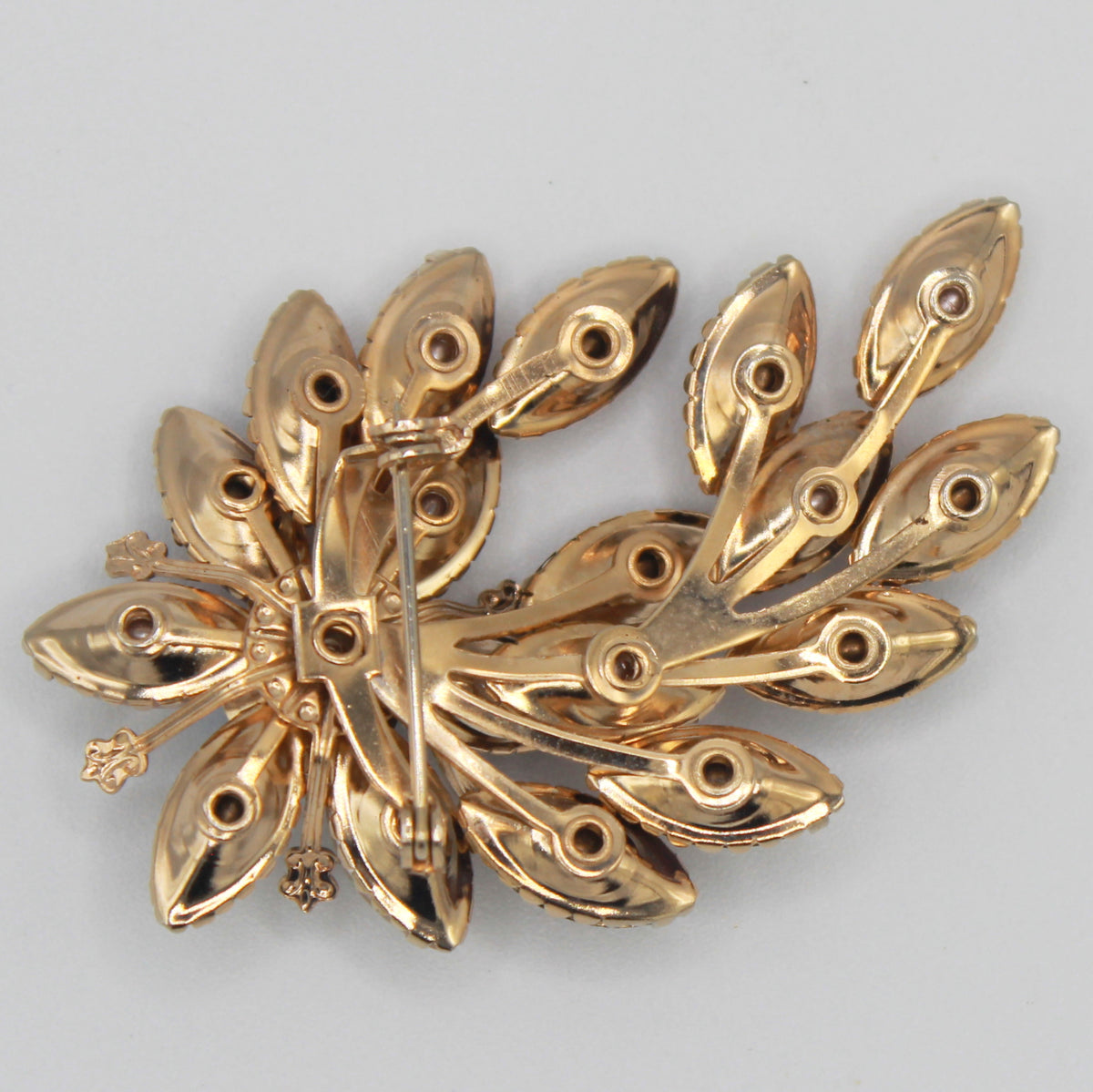 Vintage Amethyst Rhinestone Faux Pearl Navette Flower Brooch