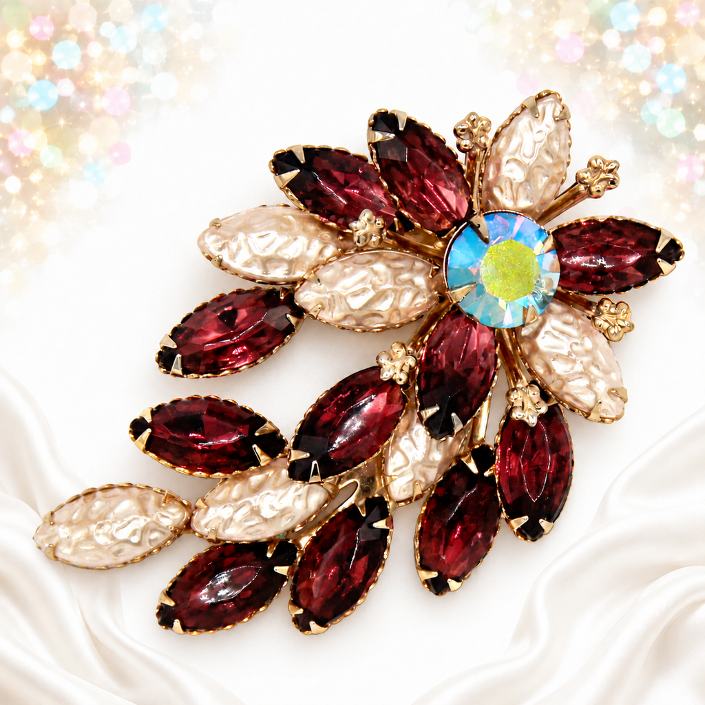 Vintage Amethyst Rhinestone Faux Pearl Navette Flower Brooch