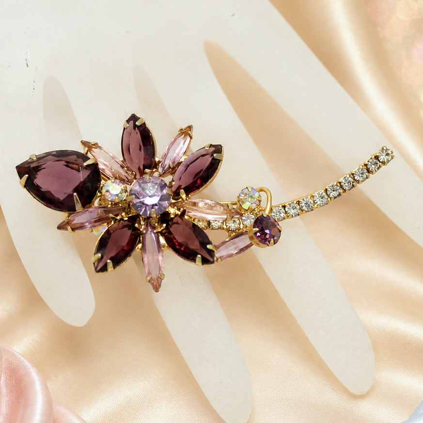 Vintage JULIANA Amethyst & Lavender Rhinestone Flower Brooch IIJJ#8973