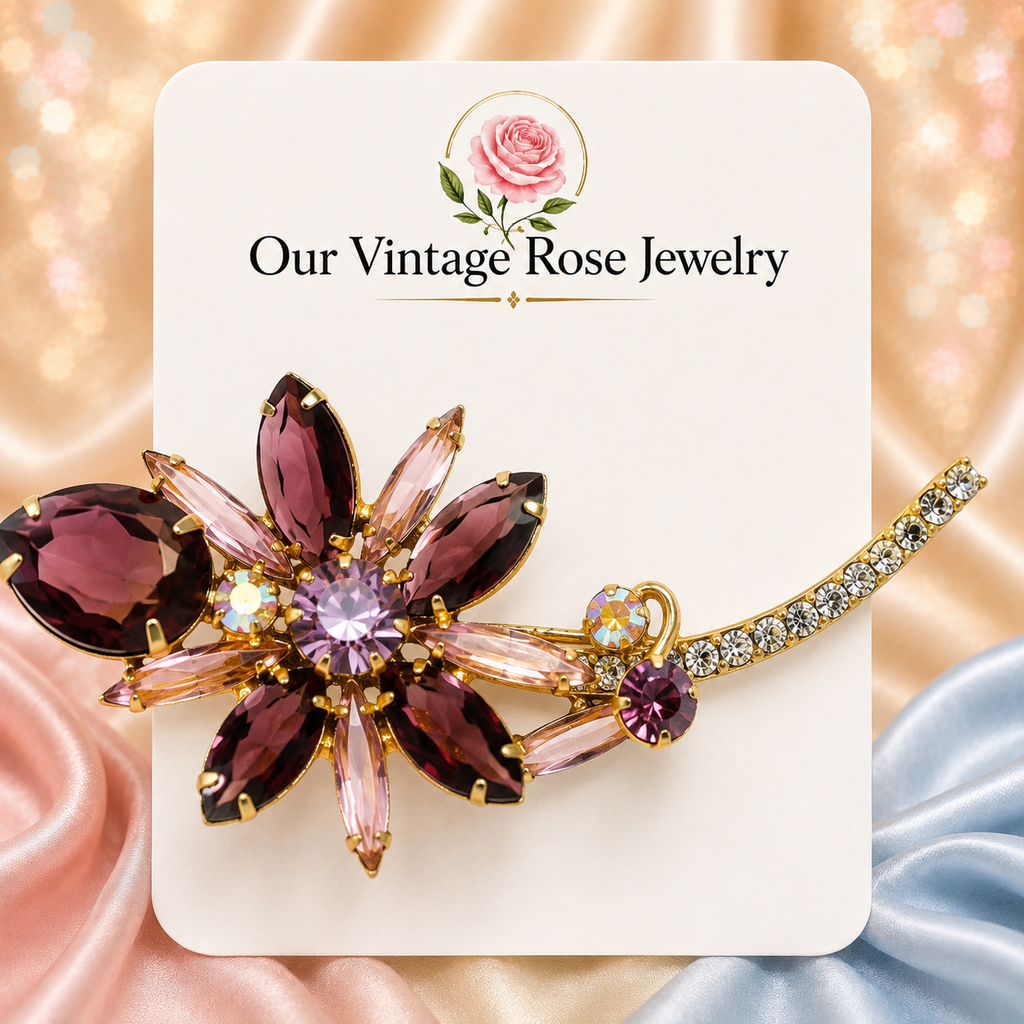 Vintage JULIANA Amethyst & Lavender Rhinestone Flower Brooch IIJJ#8973