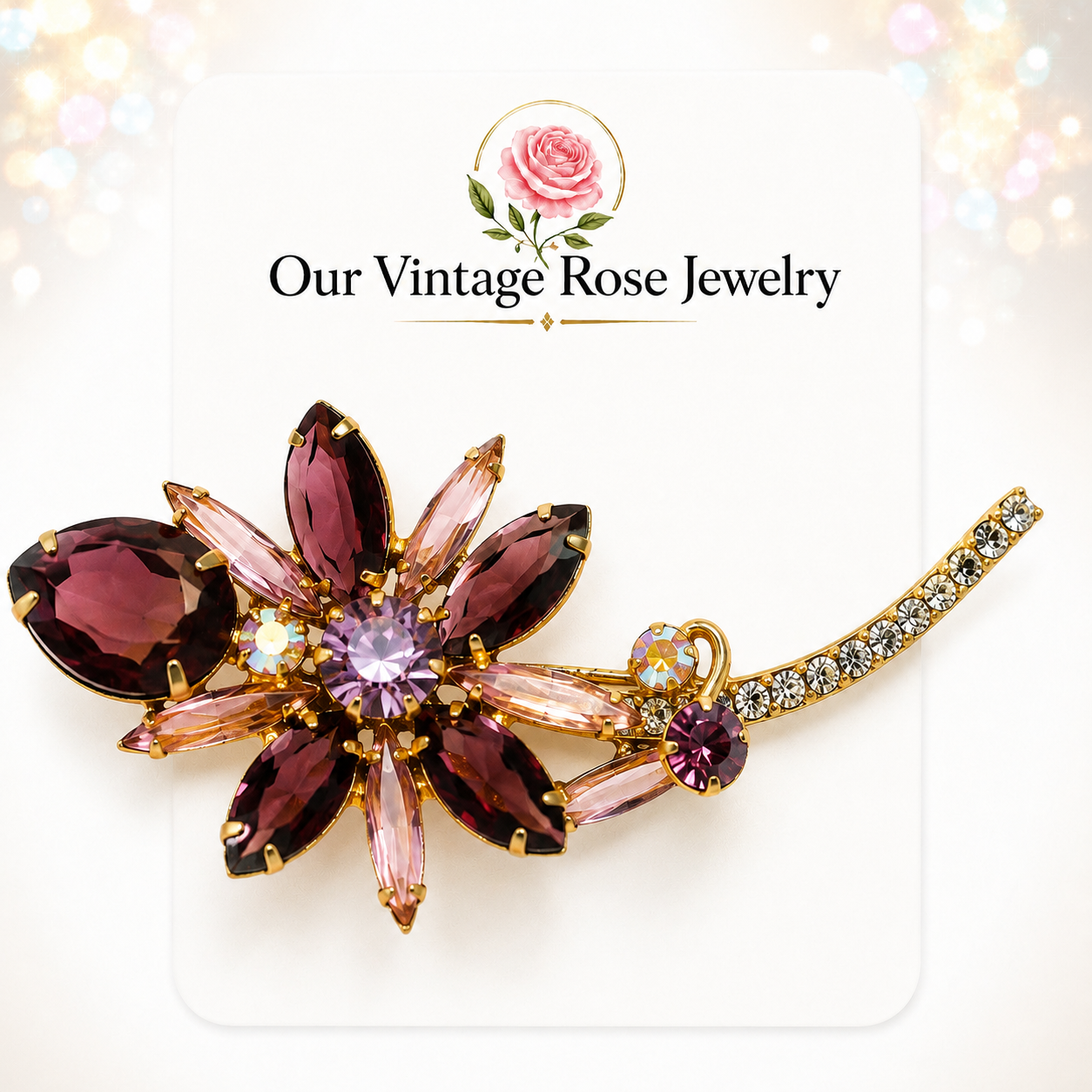 Vintage JULIANA Amethyst & Lavender Rhinestone Flower Brooch IIJJ#8973