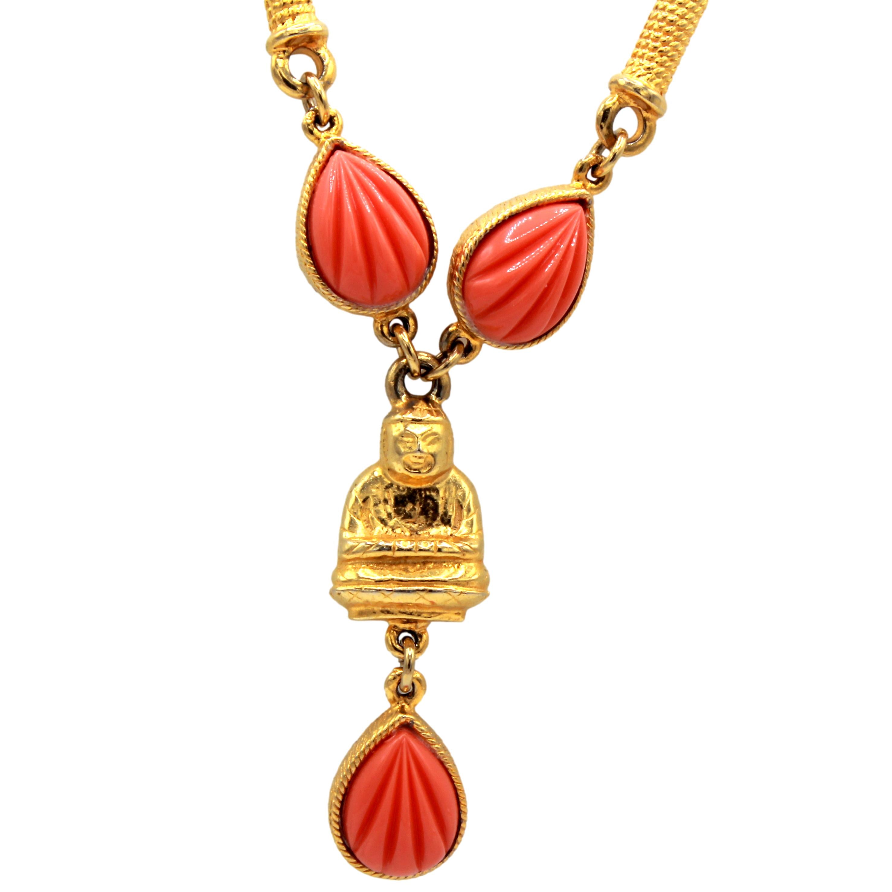 Vintage JULIANA Asian Buddha Coral Orange Ribbed Cabochon Necklace IIJJ#8757