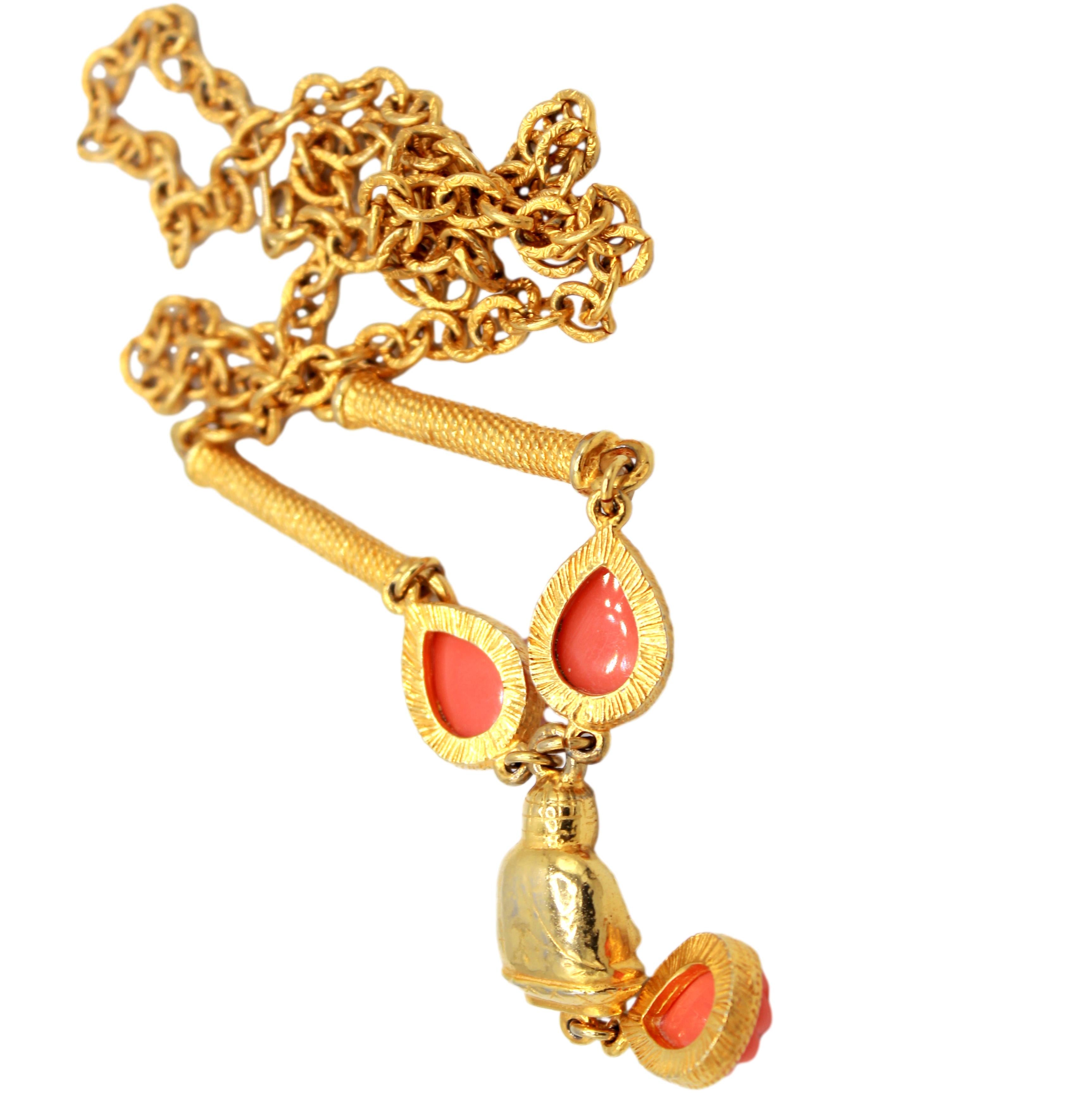 Vintage JULIANA Asian Buddha Coral Orange Ribbed Cabochon Necklace IIJJ#8757