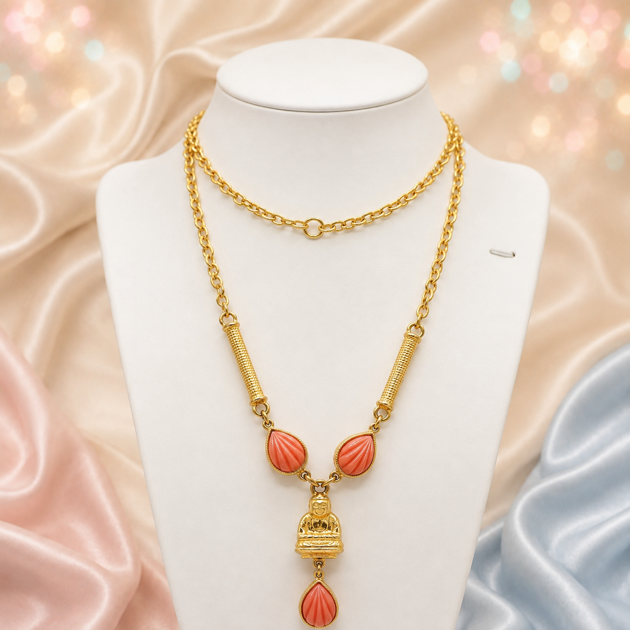 Vintage JULIANA Asian Buddha Coral Orange Ribbed Cabochon Necklace IIJJ#8757