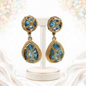 Vintage Juliana NOS Sky Blue Caged Rhinestone Clip Dangle Earrings Atelier II Card IIJJ#8519