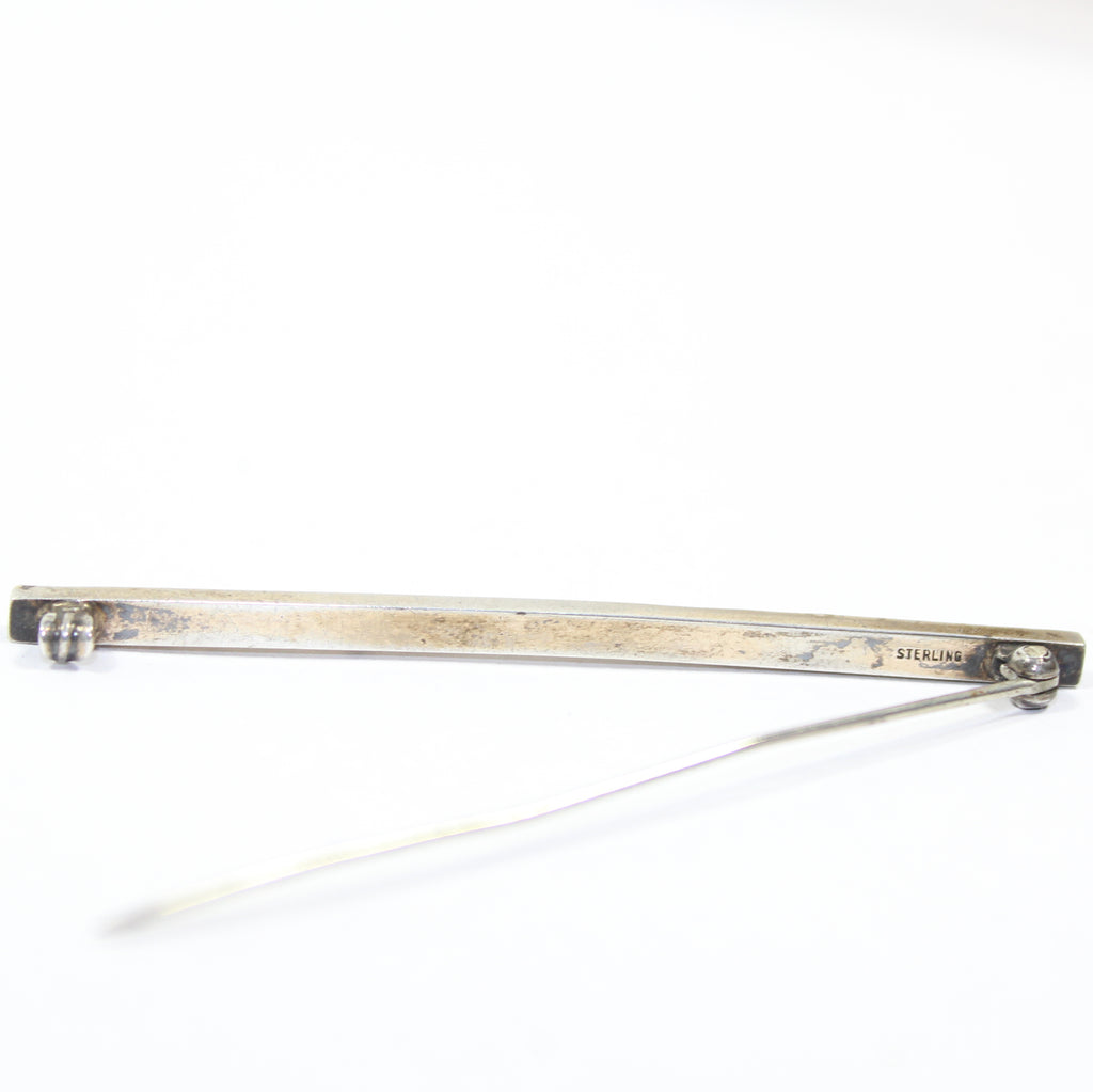 Edwardian Sterling Silver Seed Pearl Green Collet Stones Bar Brooch 2.25"
