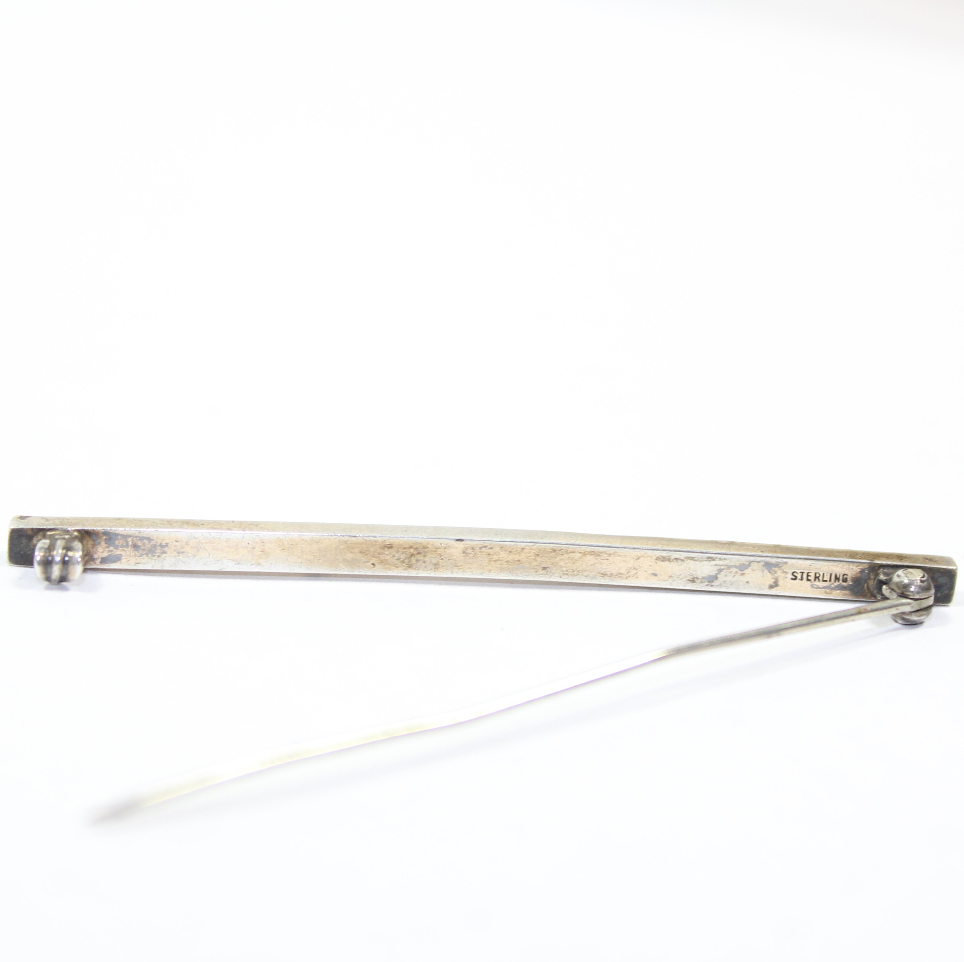 Edwardian Sterling Silver Seed Pearl Green Collet Stones Bar Brooch 2.25"