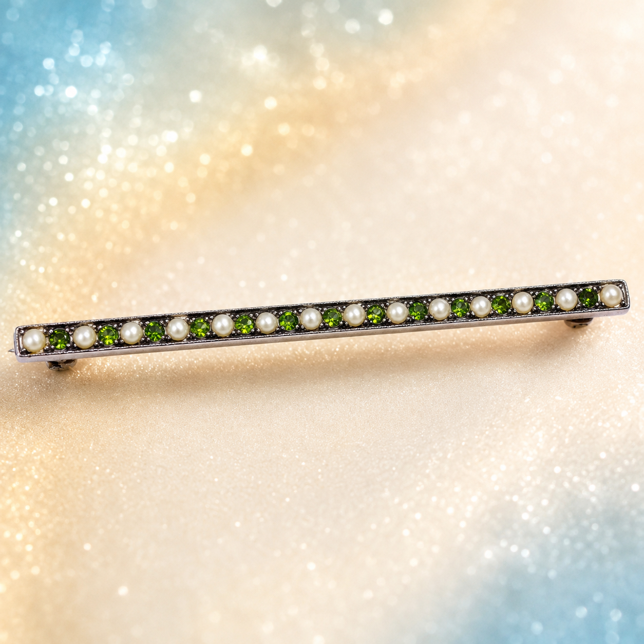 Edwardian Sterling Silver Seed Pearl Green Collet Stones Bar Brooch 2.25"