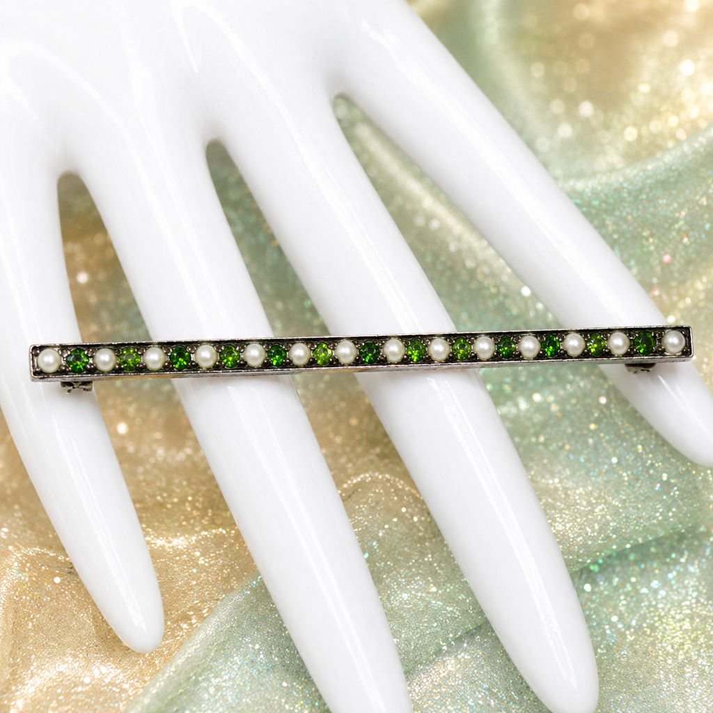 Edwardian Sterling Silver Seed Pearl Green Collet Stones Bar Brooch 2.25"