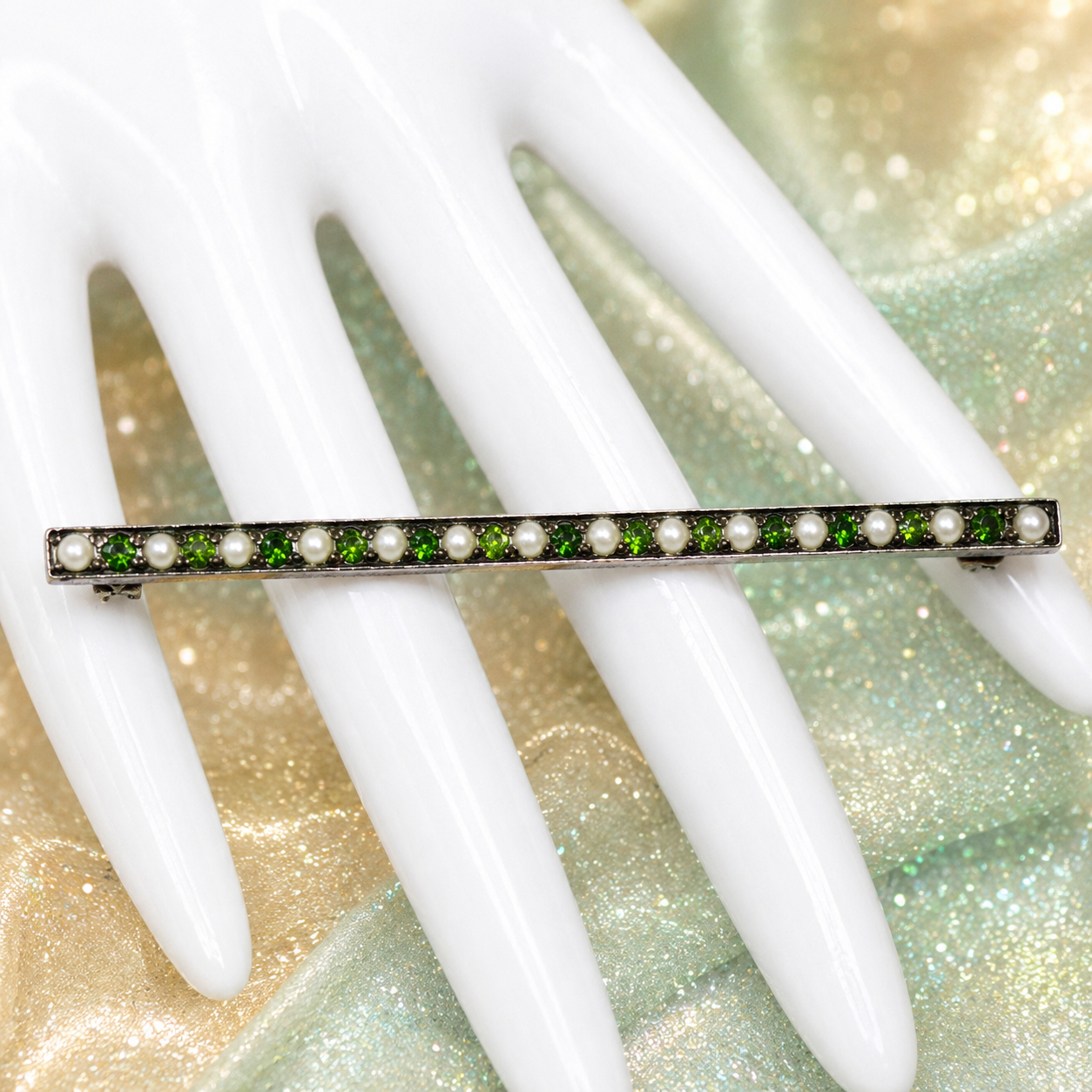 Edwardian Sterling Silver Seed Pearl Green Collet Stones Bar Brooch 2.25"