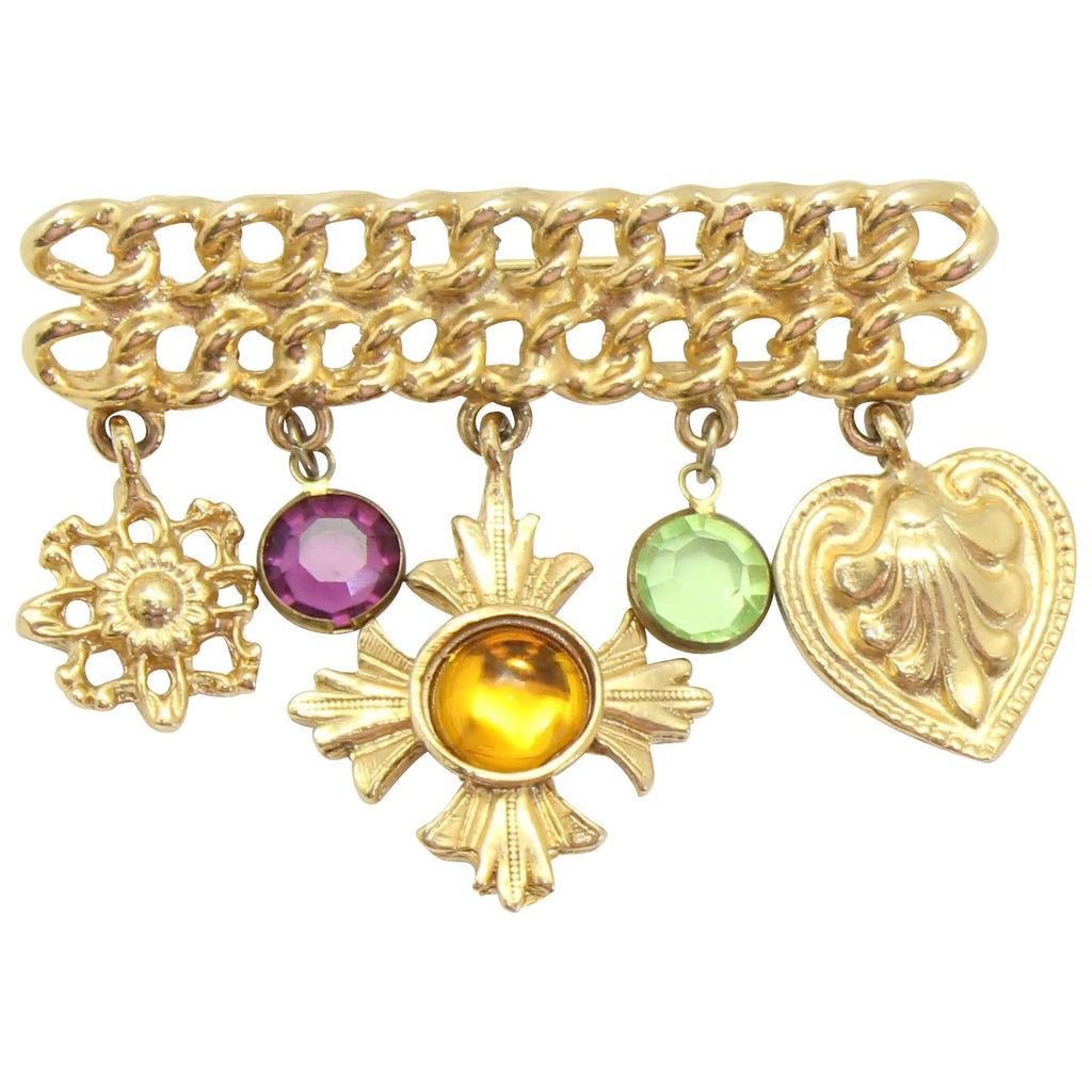 Vintage Juliana Military Style Cabochon Dangle Charm Brooch IIJJ#71