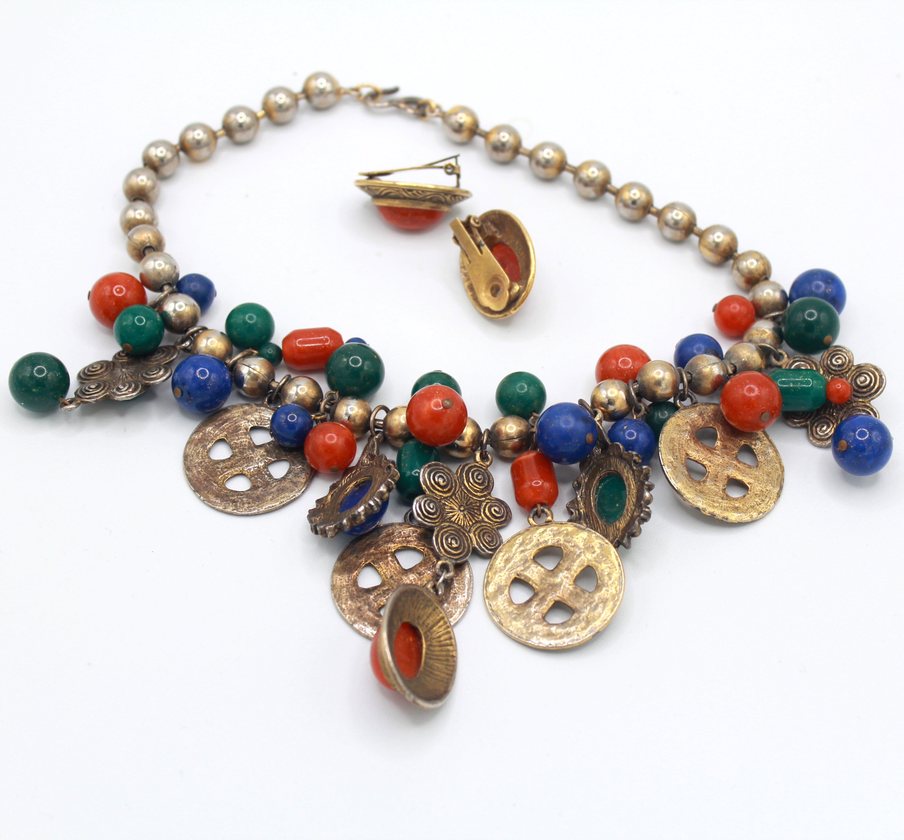 Vintage JULIANA Blue Green Carnelian Bead Charm Necklace  & Earrings Book Piece IIJJ#9112