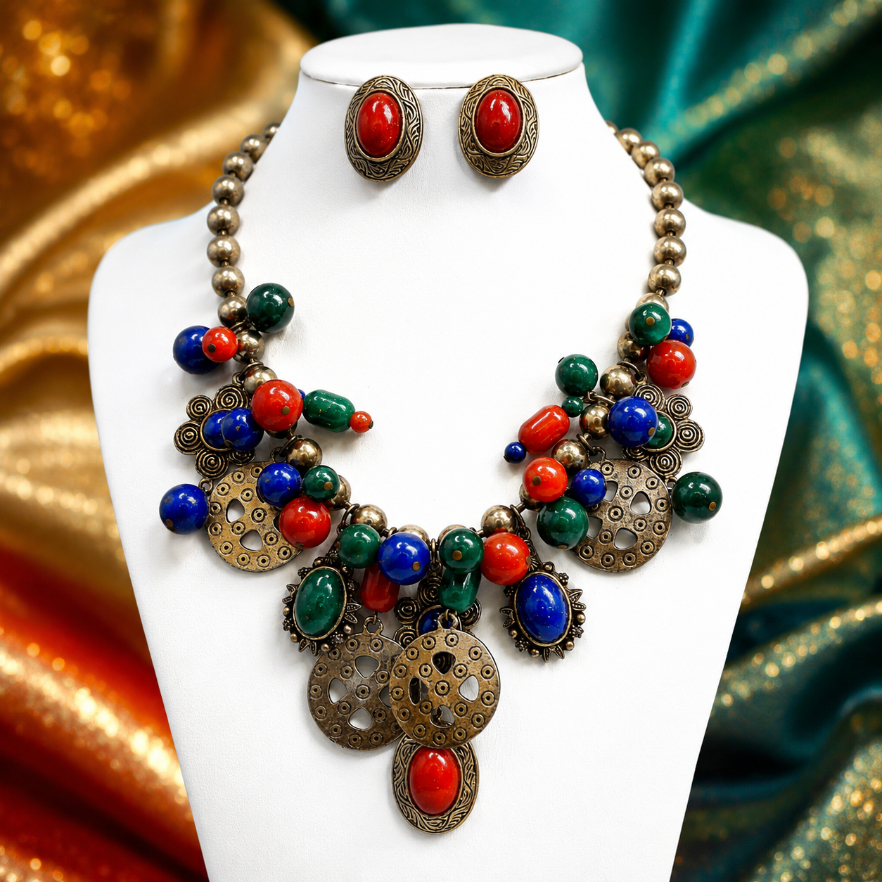 Vintage JULIANA Blue Green Carnelian Bead Charm Necklace  & Earrings Book Piece IIJJ#9112