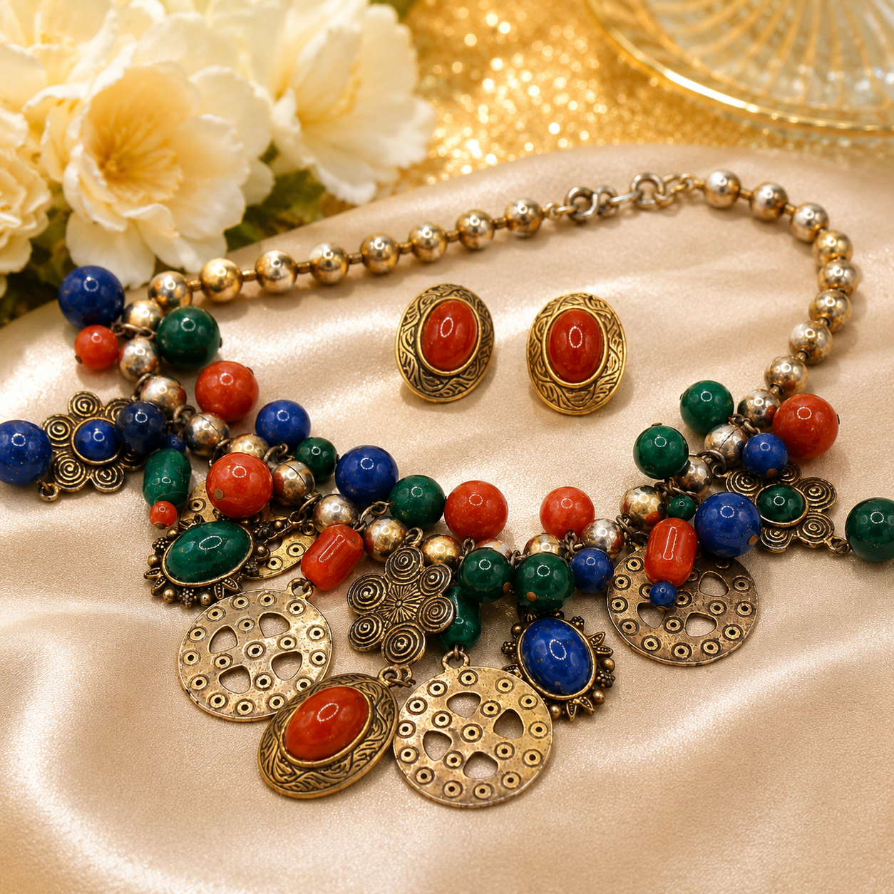 Vintage JULIANA Blue Green Carnelian Bead Charm Necklace  & Earrings Book Piece IIJJ#9112