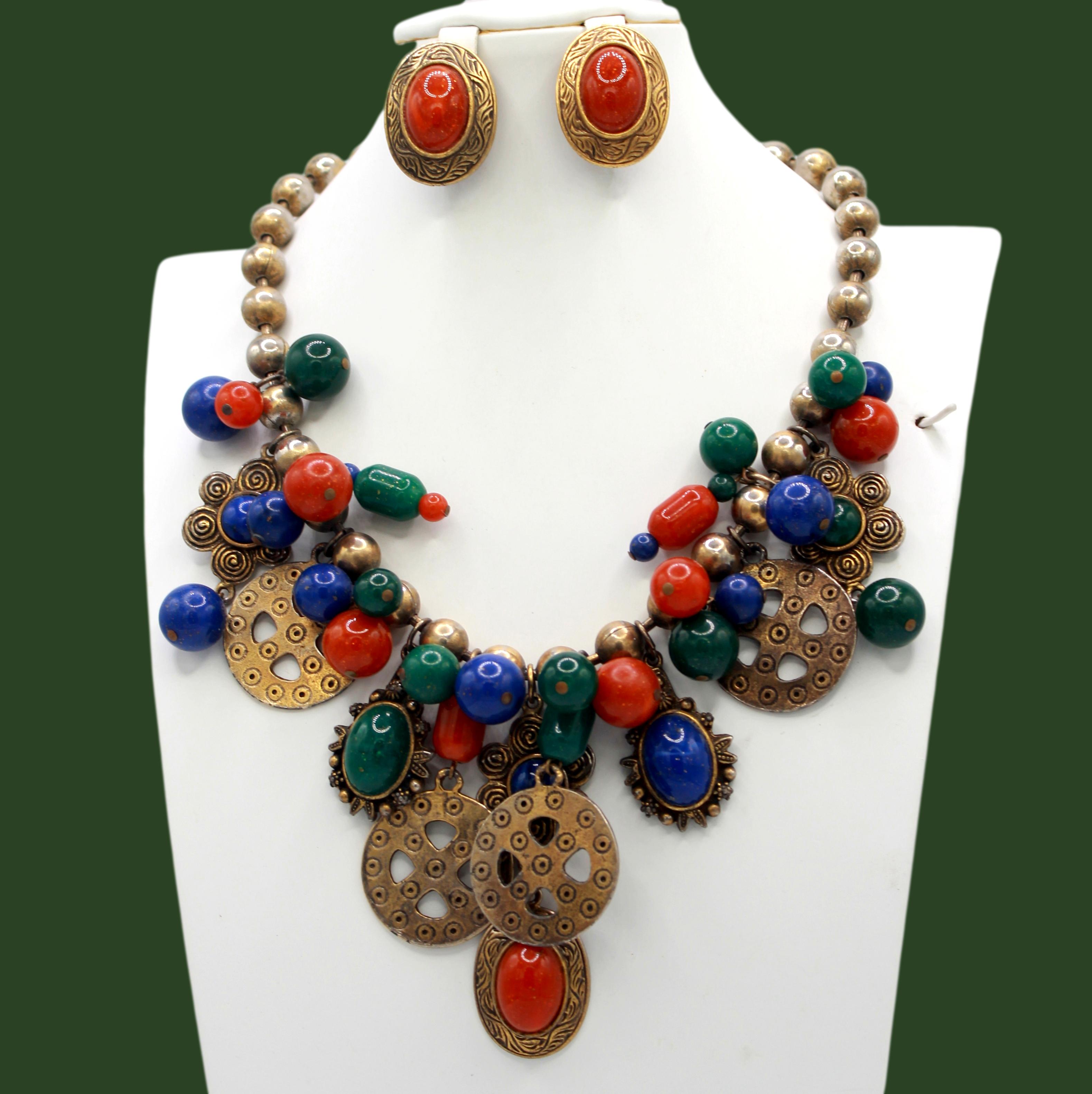 Vintage JULIANA Blue Green Carnelian Bead Charm Necklace  & Earrings Book Piece IIJJ#9112