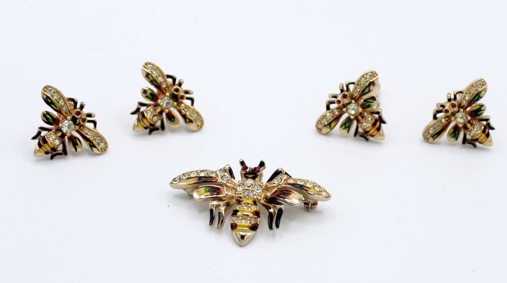 Vintage Rhinestone & Enamel Bee Bug Insect Figural Brooch Earrings Cufflinks Set