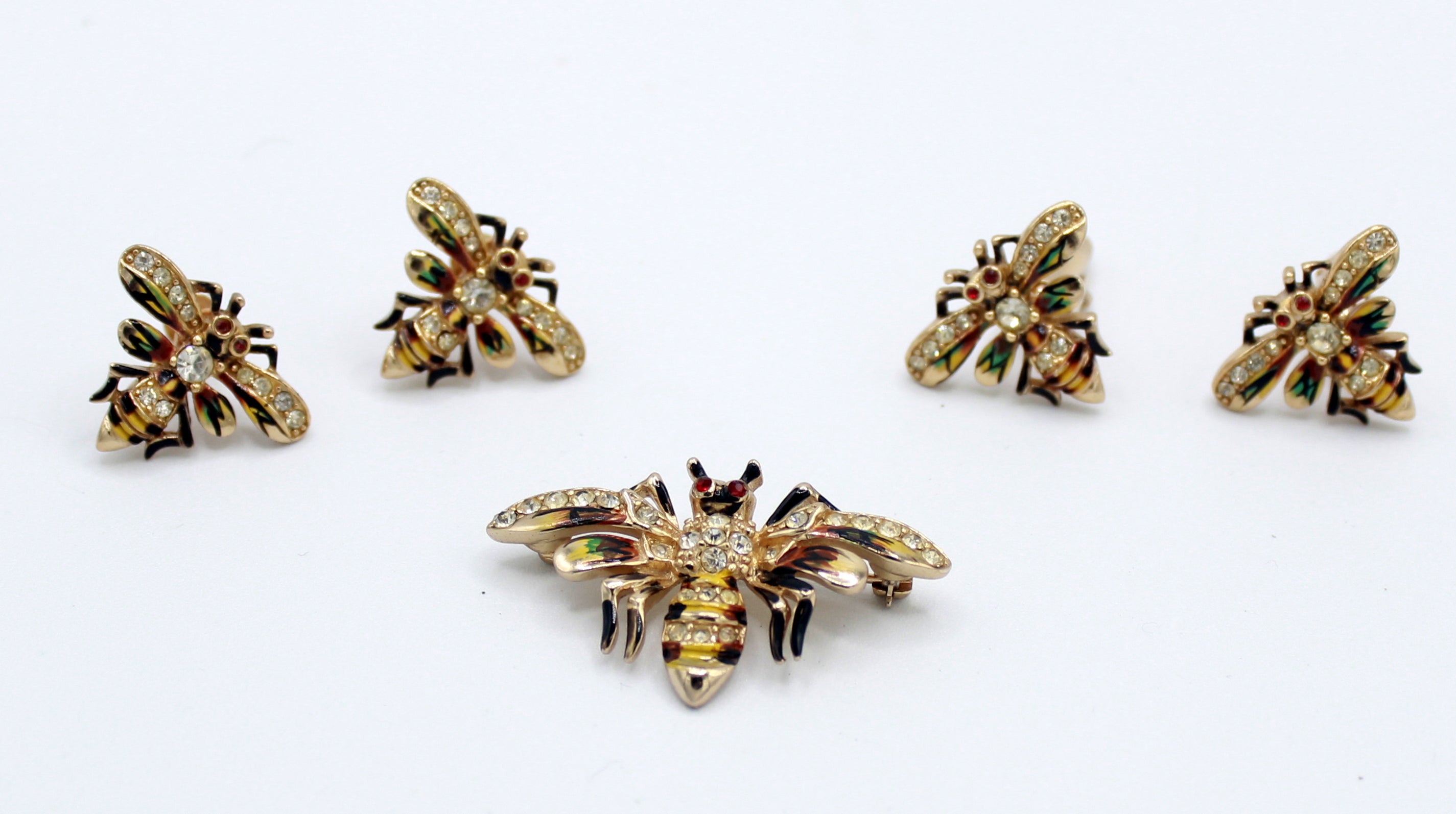 Vintage Rhinestone & Enamel Bee Bug Insect Figural Brooch Earrings Cufflinks Set