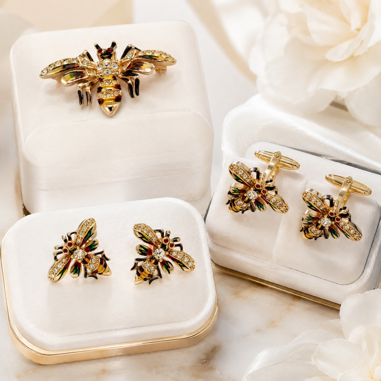 Vintage Rhinestone & Enamel Bee Bug Insect Figural Brooch Earrings Cufflinks Set
