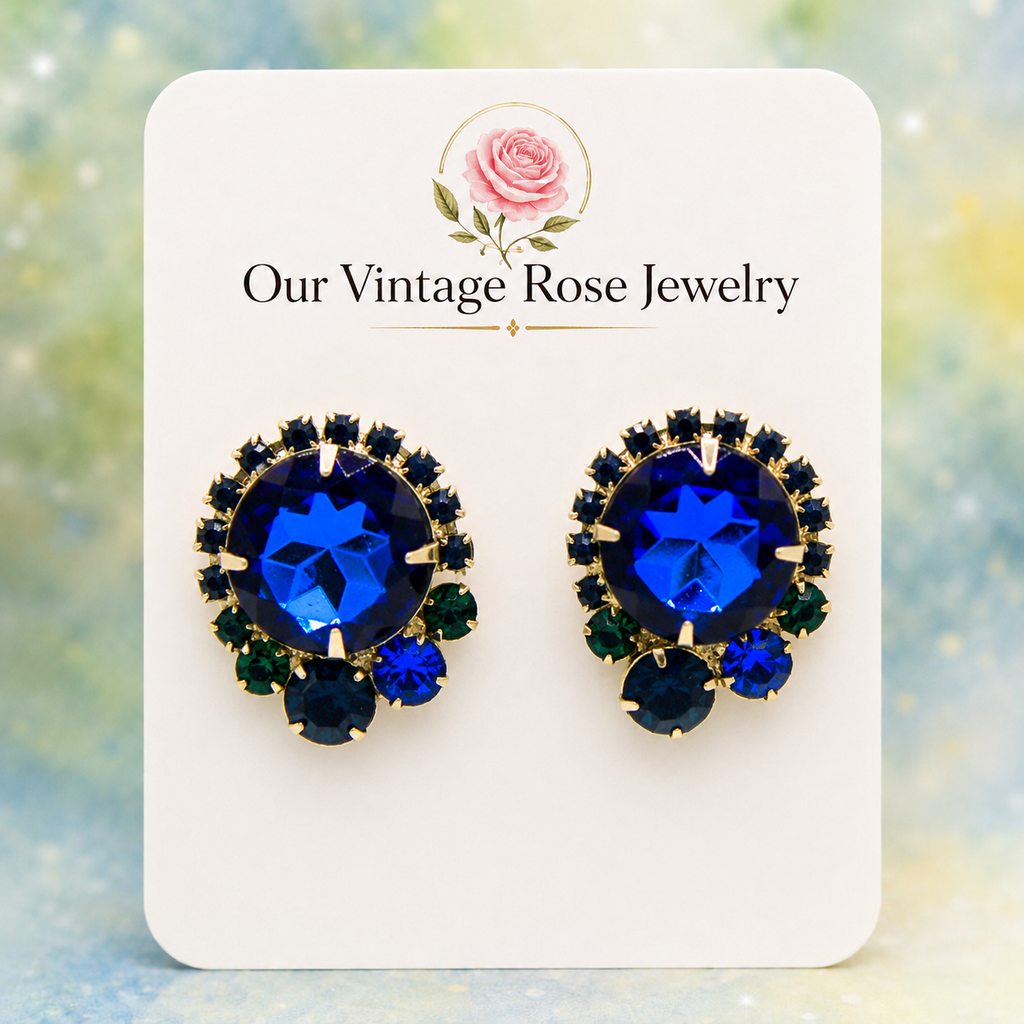 Vintage JULIANA for Tara Bermuda Blue Dentelle Rhinestone Earrings IIJJ#5631