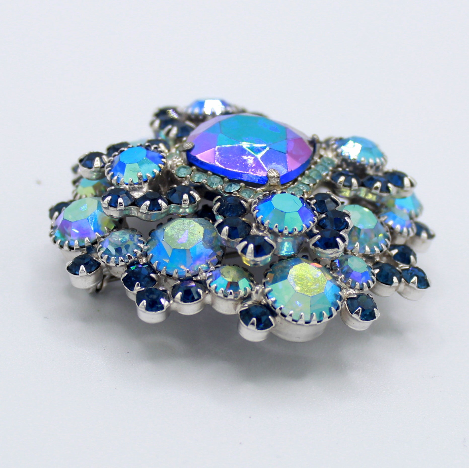 Vintage Juliana Blue AB Cushion Cut Square Center Dimensional Rhinestone Brooch IIJJ#9057