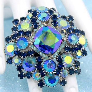 Vintage Juliana Blue AB Cushion Cut Square Center Dimensional Rhinestone Brooch IIJJ#9057