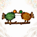 Vintage Green Amber Rhinestone Two Birds on Branch Brooch