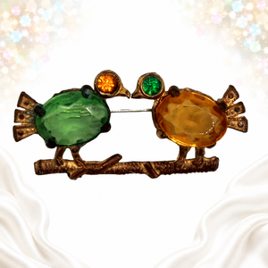 Vintage Green Amber Rhinestone Two Birds on Branch Brooch